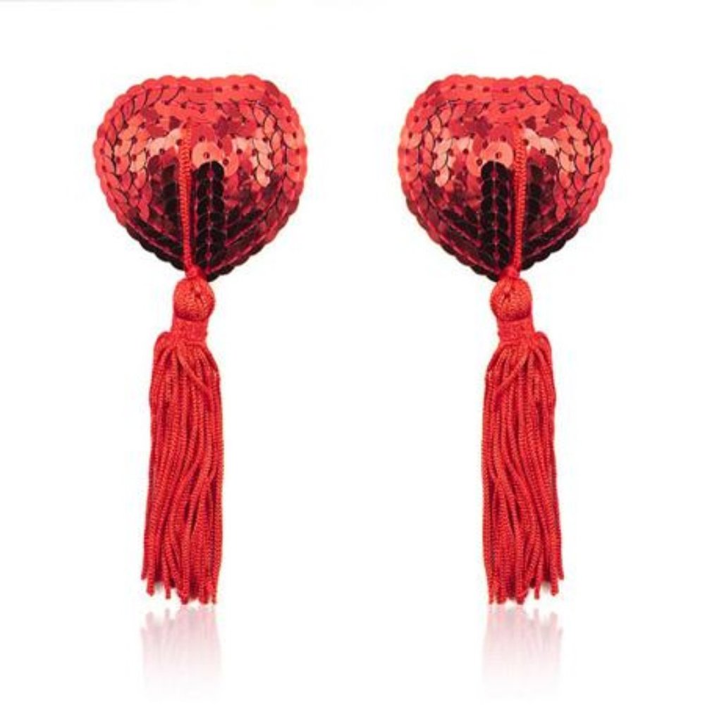 Sequin Heart Pasties with Tassels in Red